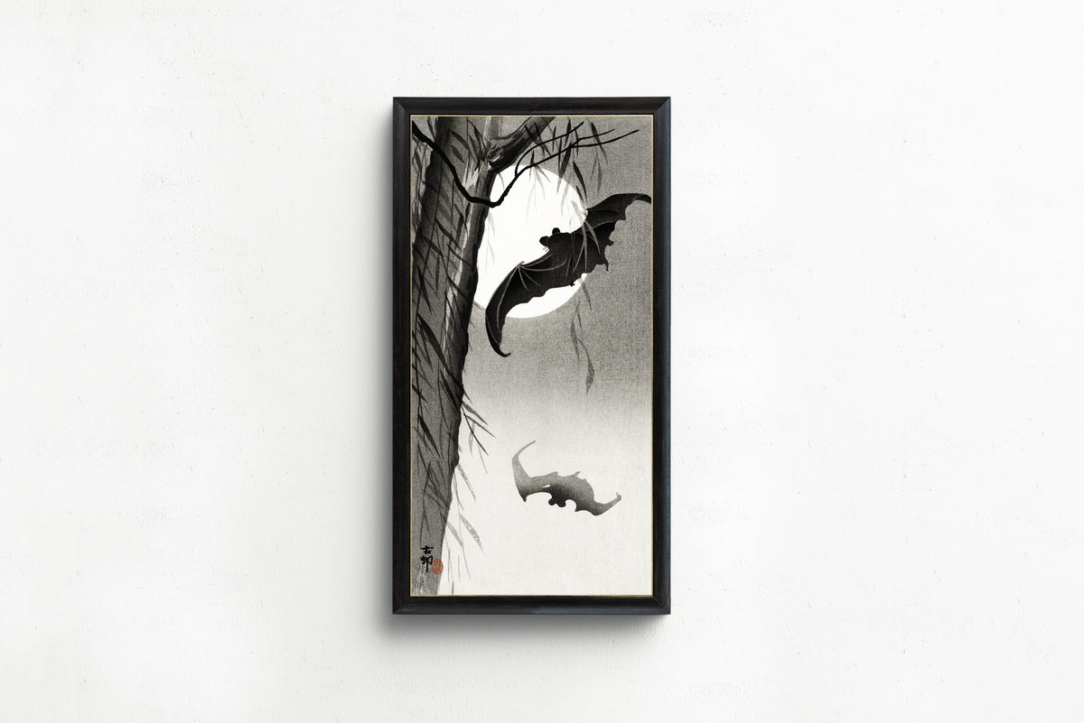 Ohara Koson — Bats Under the Full Moon | Japanese Bird & Flower Woodblock Print