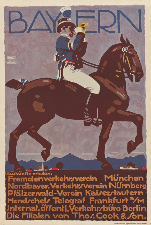 Bayern by Ludwig Hohlwein — A trumpeter in a plumed top hat rides a great bay horse