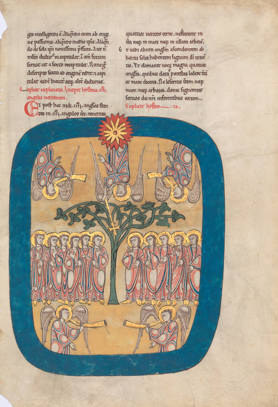 Beatus: Angels Restrain the Four Winds; the Angel Ascends from the Rising Sun | Illuminated Manuscript Print shown to scale on a wall above a sofa