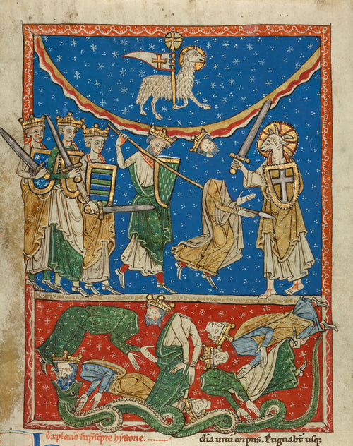 Beatus Manuscript: The Lamb Defeating the Ten Kings — A lamb-headed warrior beheads crowned kings under a starry blue sky