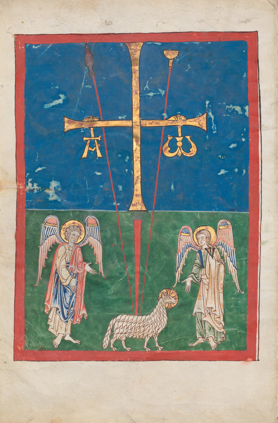 Beatus Manuscript: The Lamb at the Foot of the Cross | Illuminated Manuscript Print shown to scale on a wall above a sofa