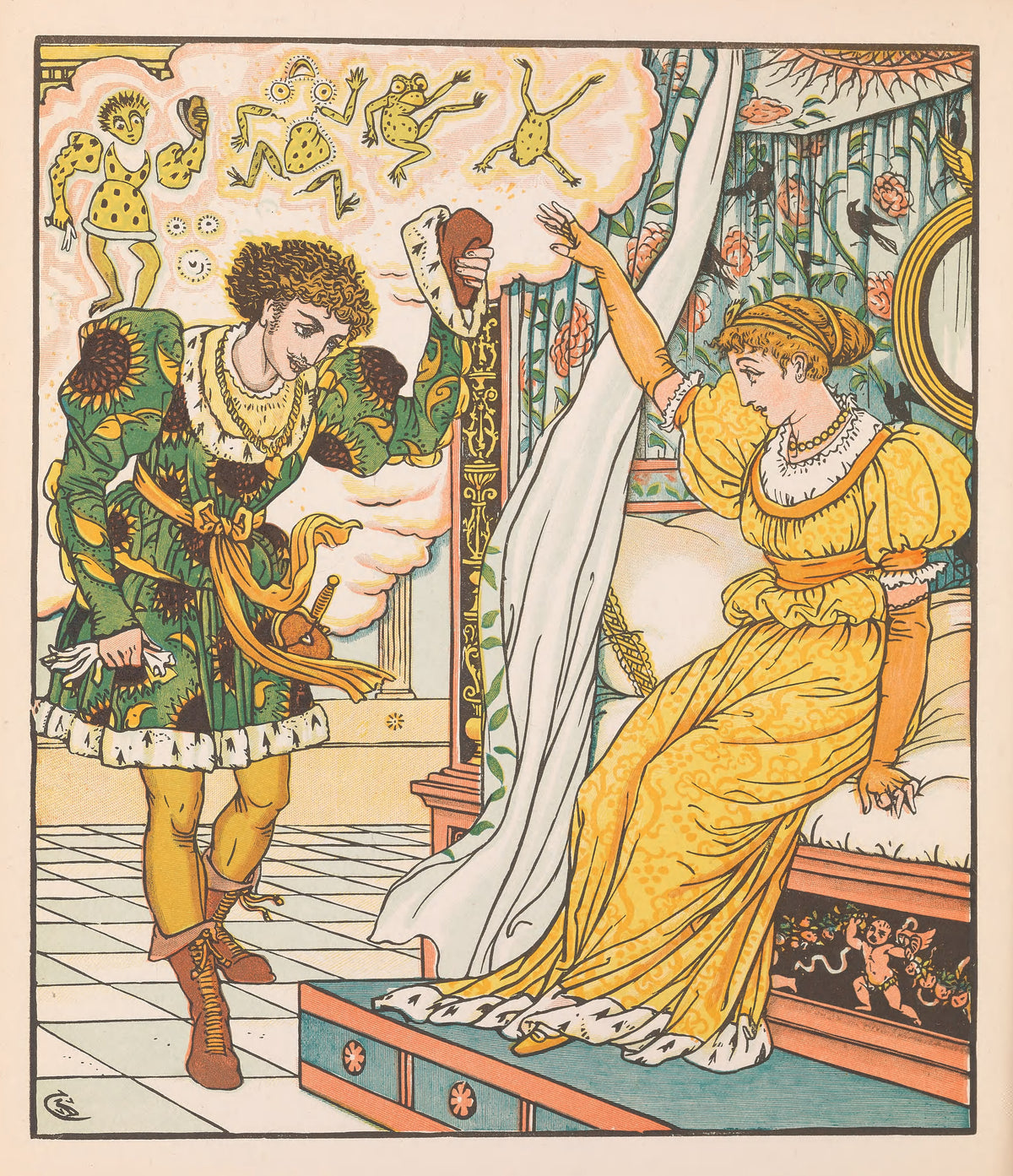 Beauty and the Beast: Plate 10 by Walter Crane — A man in a sunflower tunic bows as frogs float in a cloud
