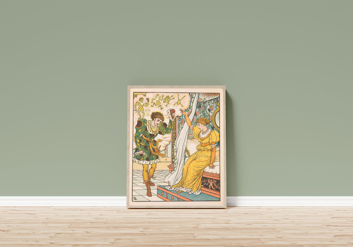 Framed art print of Beauty and the Beast: Plate 10 by Walter Crane, in a light wood frame leaning on a sage green wall above a wooden floor