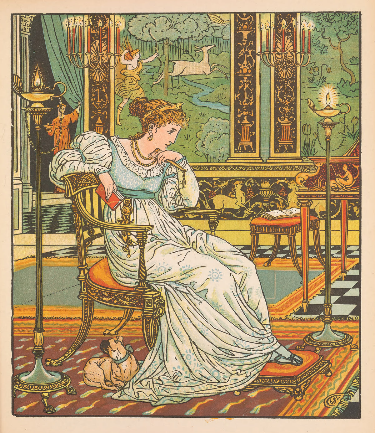 Beauty and the Beast: Plate 13 by Walter Crane — A woman in a gilt Regency chair sits lost in thought beside her pug