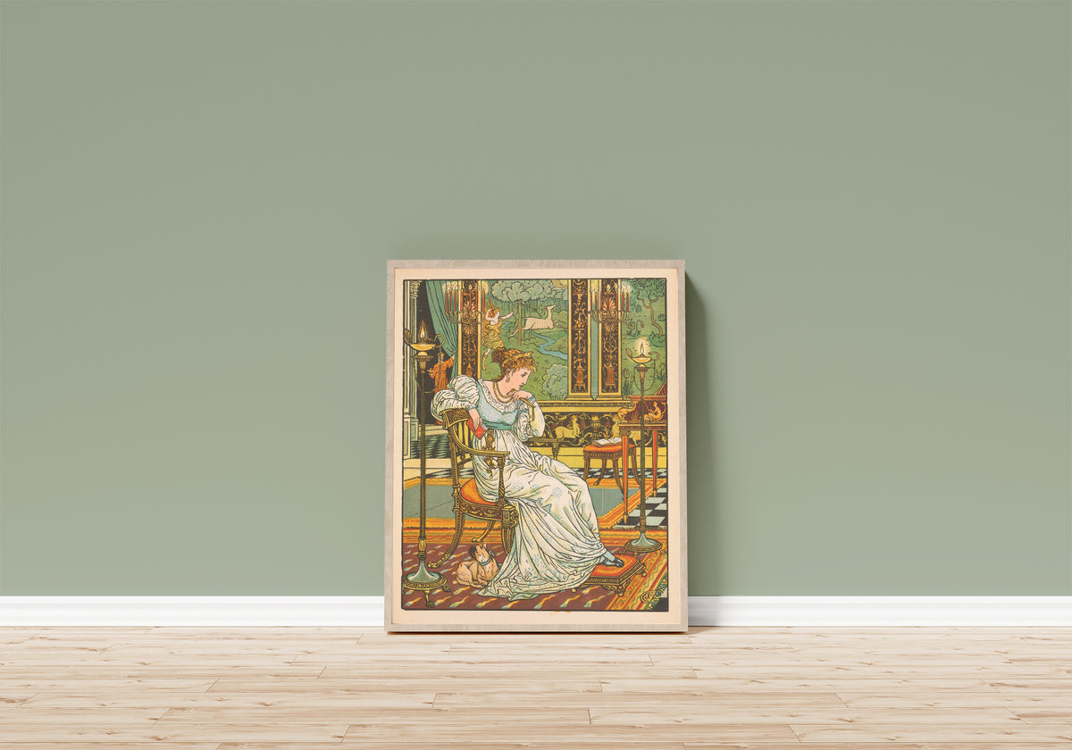 Framed art print of Beauty and the Beast: Plate 13 by Walter Crane, in a light wood frame leaning on a sage green wall above a wooden floor