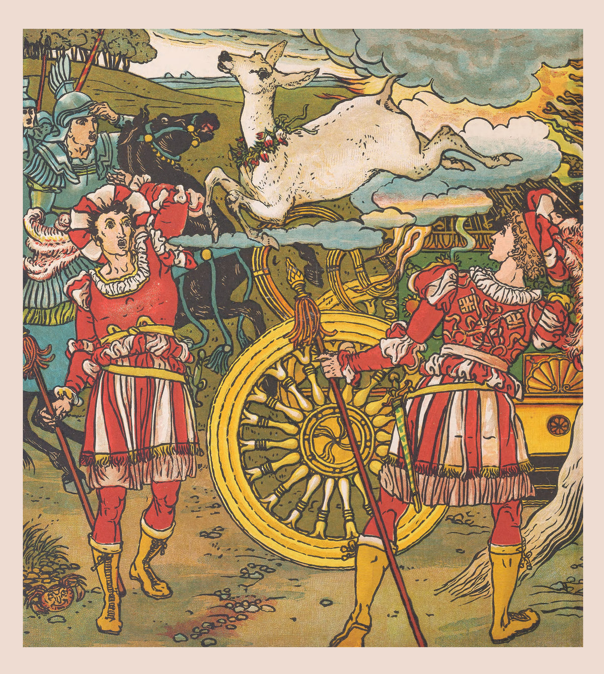 Beauty and the Beast: Plate 14 by Walter Crane — A white animal leaps through clouds above astonished courtiers