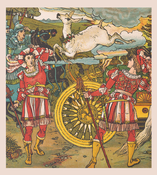 Beauty and the Beast: Plate 14 by Walter Crane — A white animal leaps through clouds above astonished courtiers
