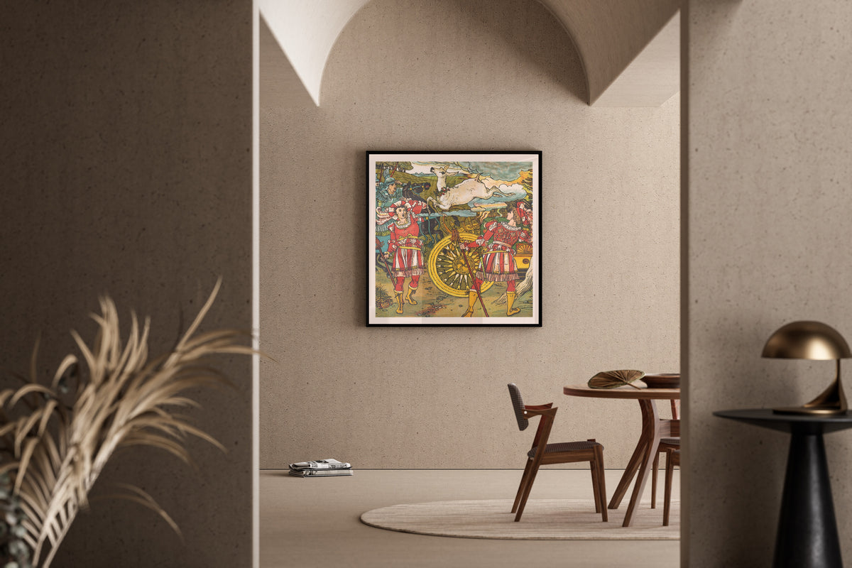 Framed art print of Beauty and the Beast: Plate 14 by Walter Crane, in a sunlit dining corner