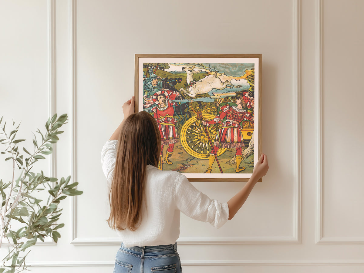 Framed art print of Beauty and the Beast: Plate 14 by Walter Crane, hung on a panelled wall