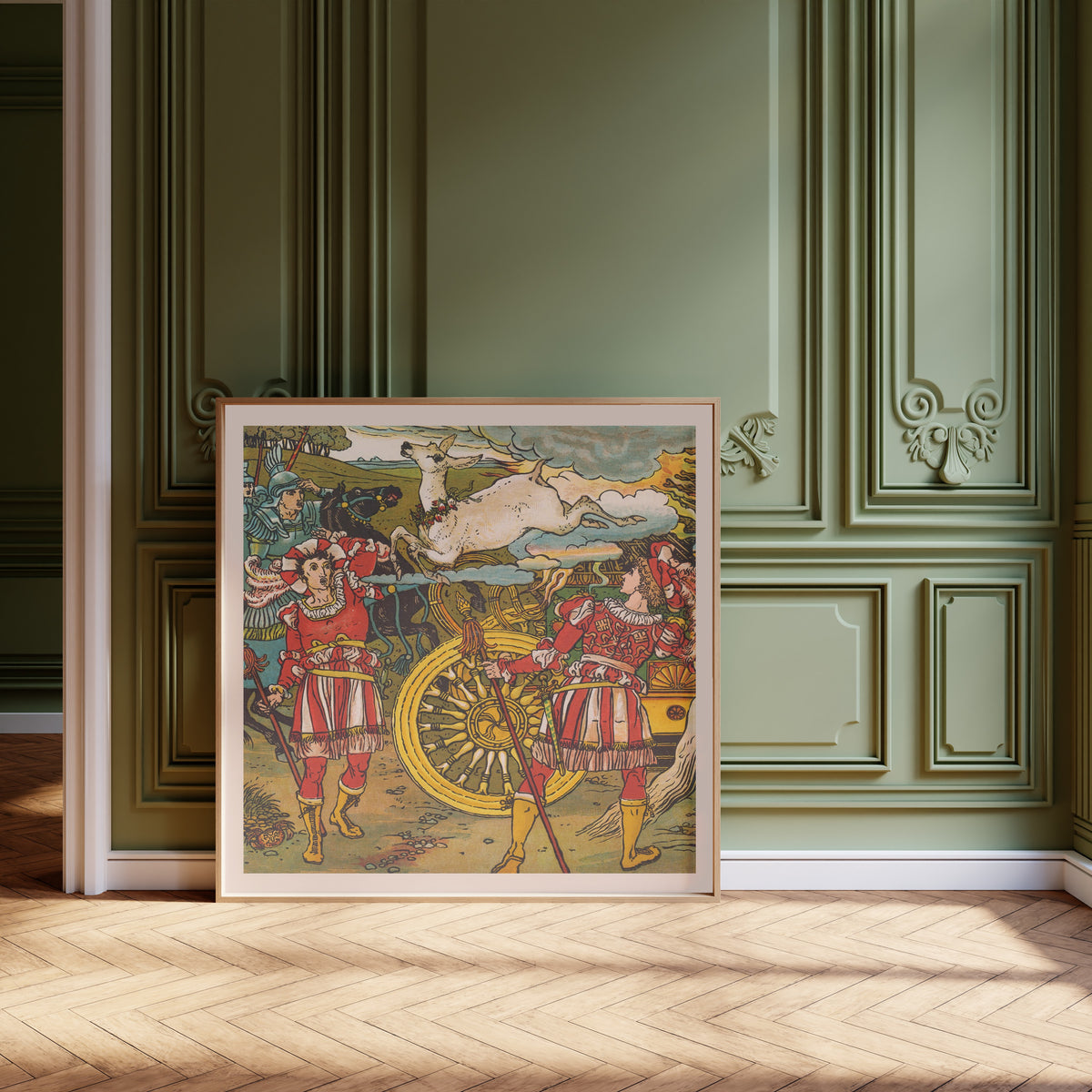 Framed art print of Beauty and the Beast: Plate 14 by Walter Crane, leaning against olive-green panelling on a herringbone floor