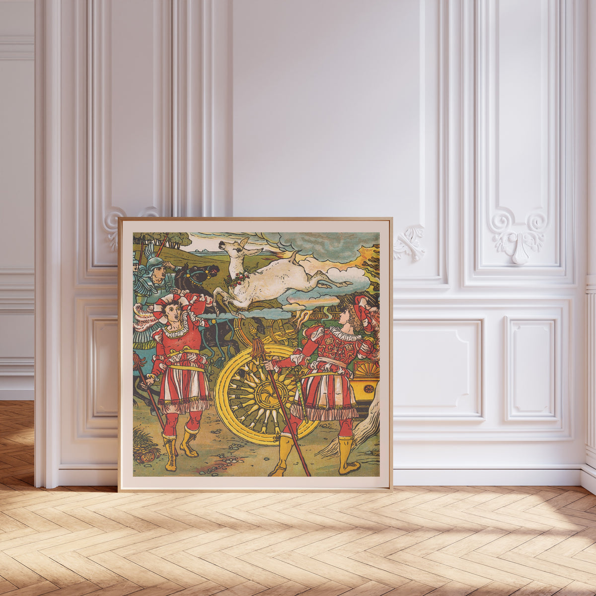 Framed art print of Beauty and the Beast: Plate 14 by Walter Crane, leaning against pale pink panelling on a herringbone floor