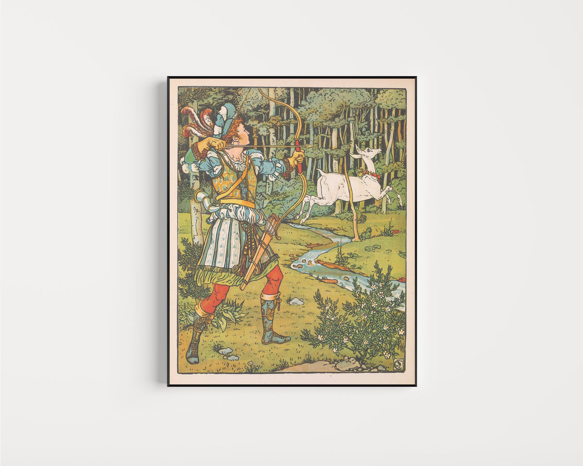 Framed art print of Beauty and the Beast: Plate 16 by Walter Crane, in a slim black frame on a plain white wall