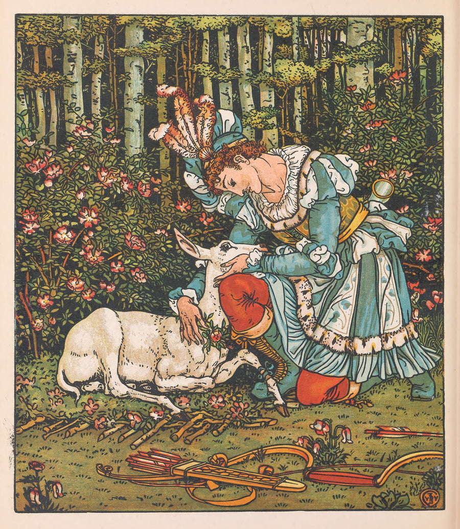 Walter Crane — Beauty and the Beast: Plate 17 | Art Nouveau Print shown to scale on a wall above a sofa
