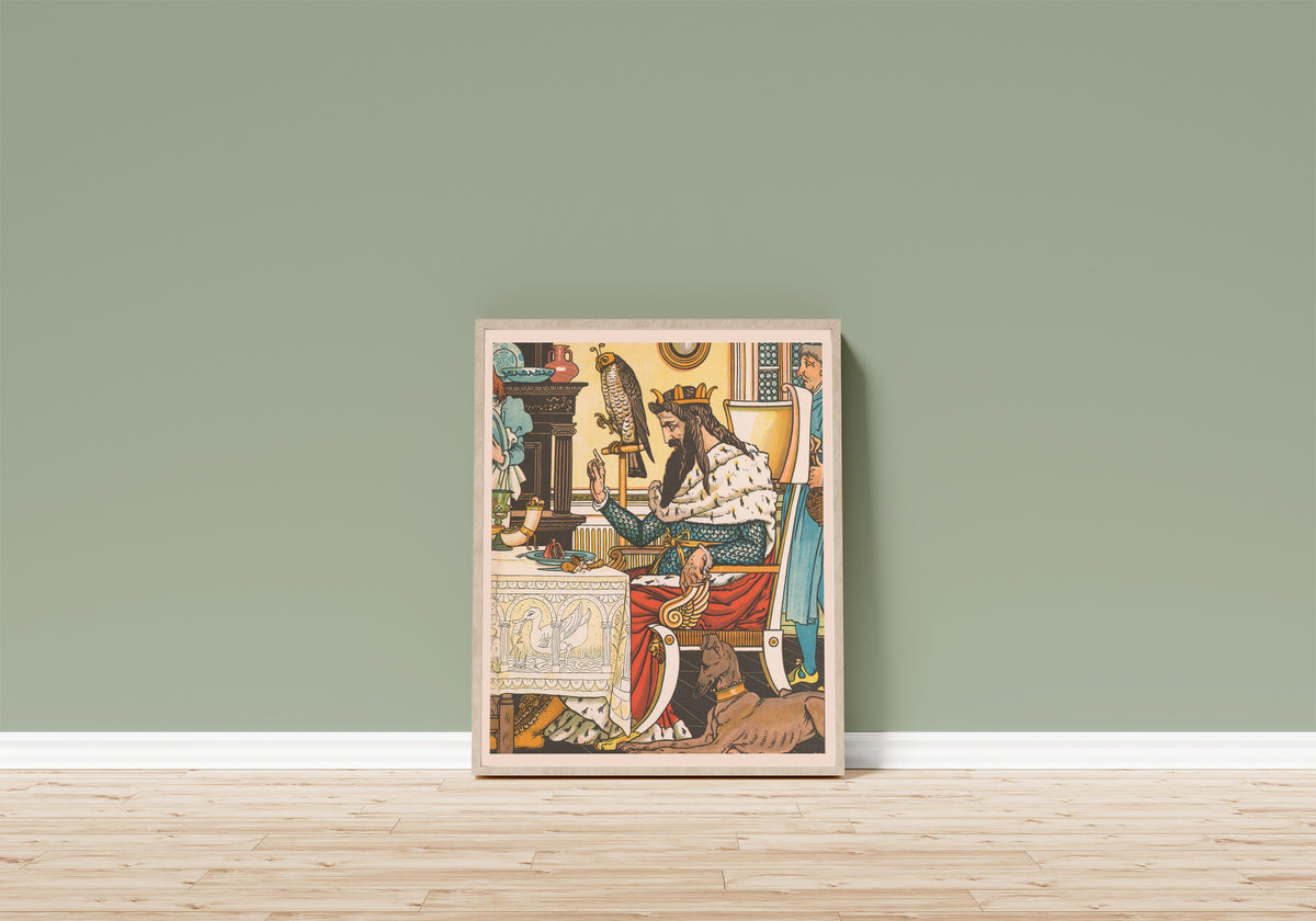 Framed art print of Beauty and the Beast: Plate 9 by Walter Crane, in a light wood frame leaning on a sage green wall above a wooden floor