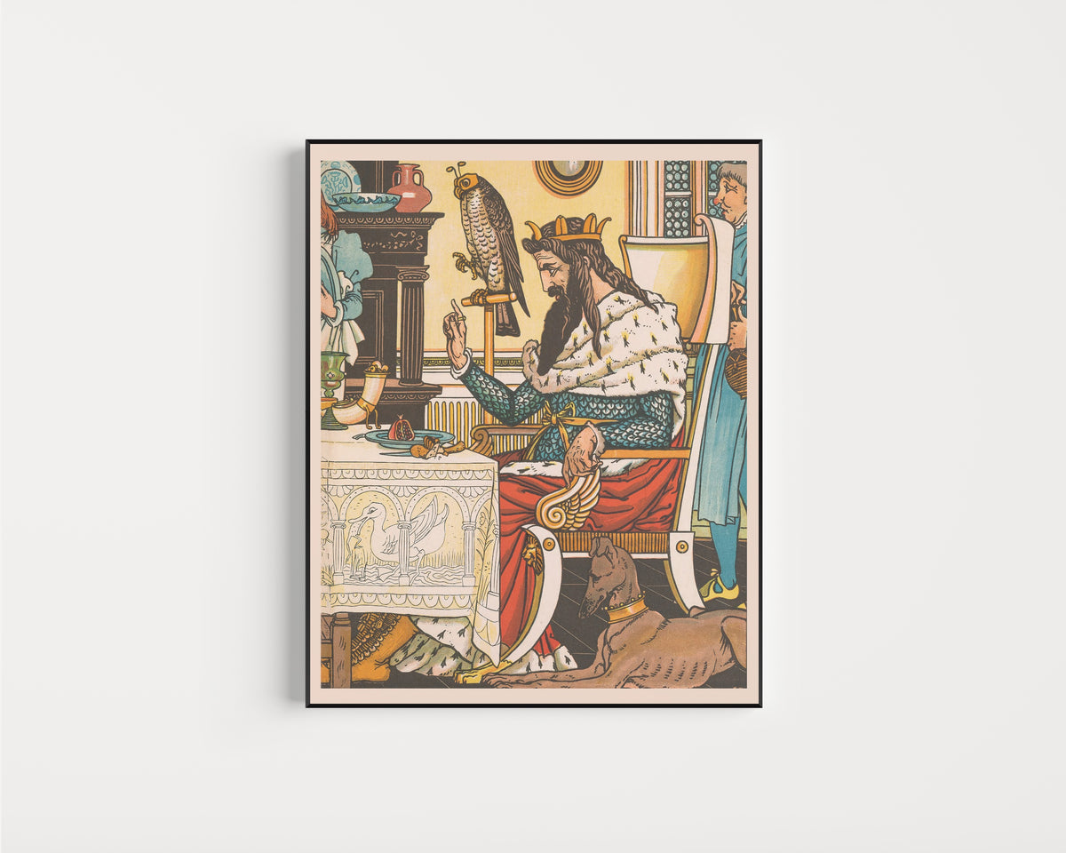 Framed art print of Beauty and the Beast: Plate 9 by Walter Crane, in a slim black frame on a plain white wall