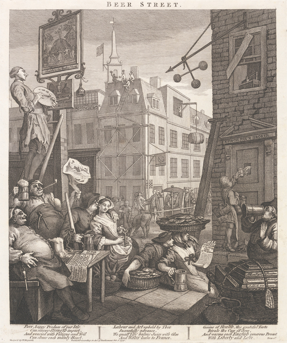 Beer Street by William Hogarth — Drinkers, fishwives and tradesmen crowd a lively London street