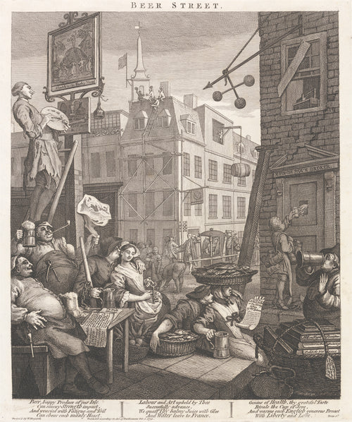 Beer Street by William Hogarth — Drinkers, fishwives and tradesmen crowd a lively London street
