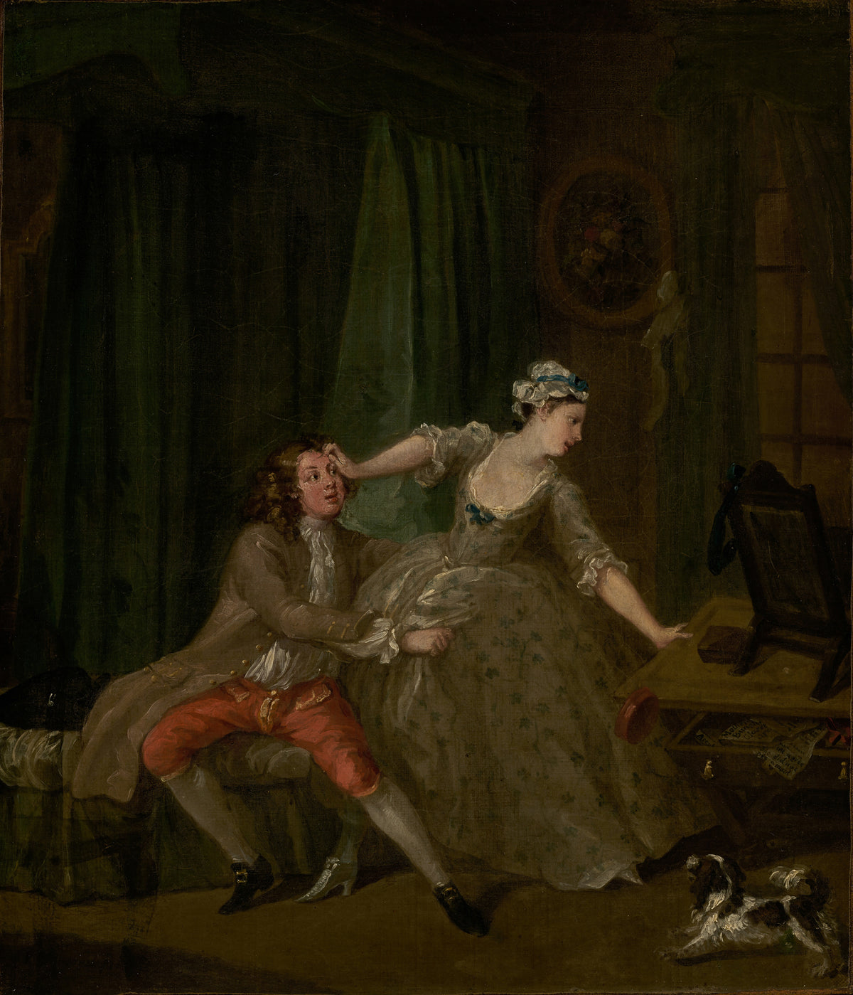 Before by William Hogarth — A man clutches a woman's skirt as she pushes his face away