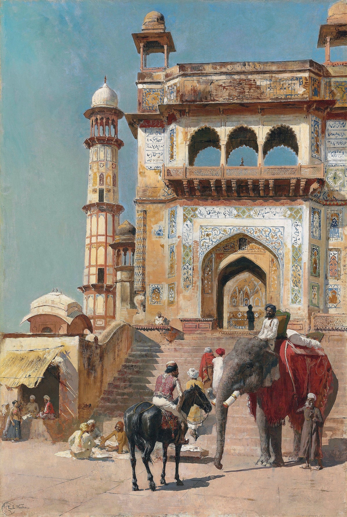 Before the Great Jami Masjid Mosque, Mathura, India by Edwin Lord Weeks — An elephant and a rider on a black horse wait below a mosque gateway