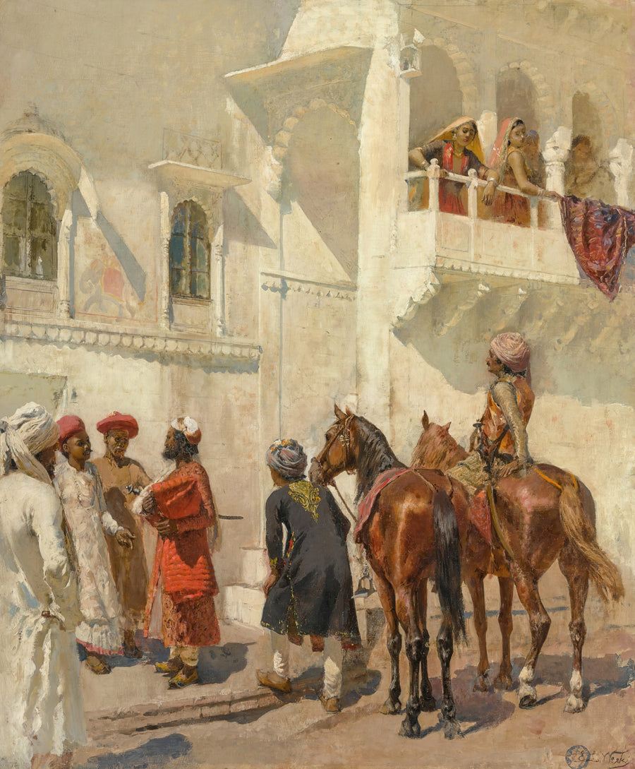 Edwin Lord Weeks — Before the Hunt | Art Print shown to scale on a wall above a sofa