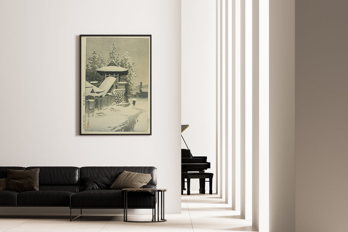 Framed art print of Bell Tower, Mount Koya by Kawase Hasui, on the wall of a minimal living room