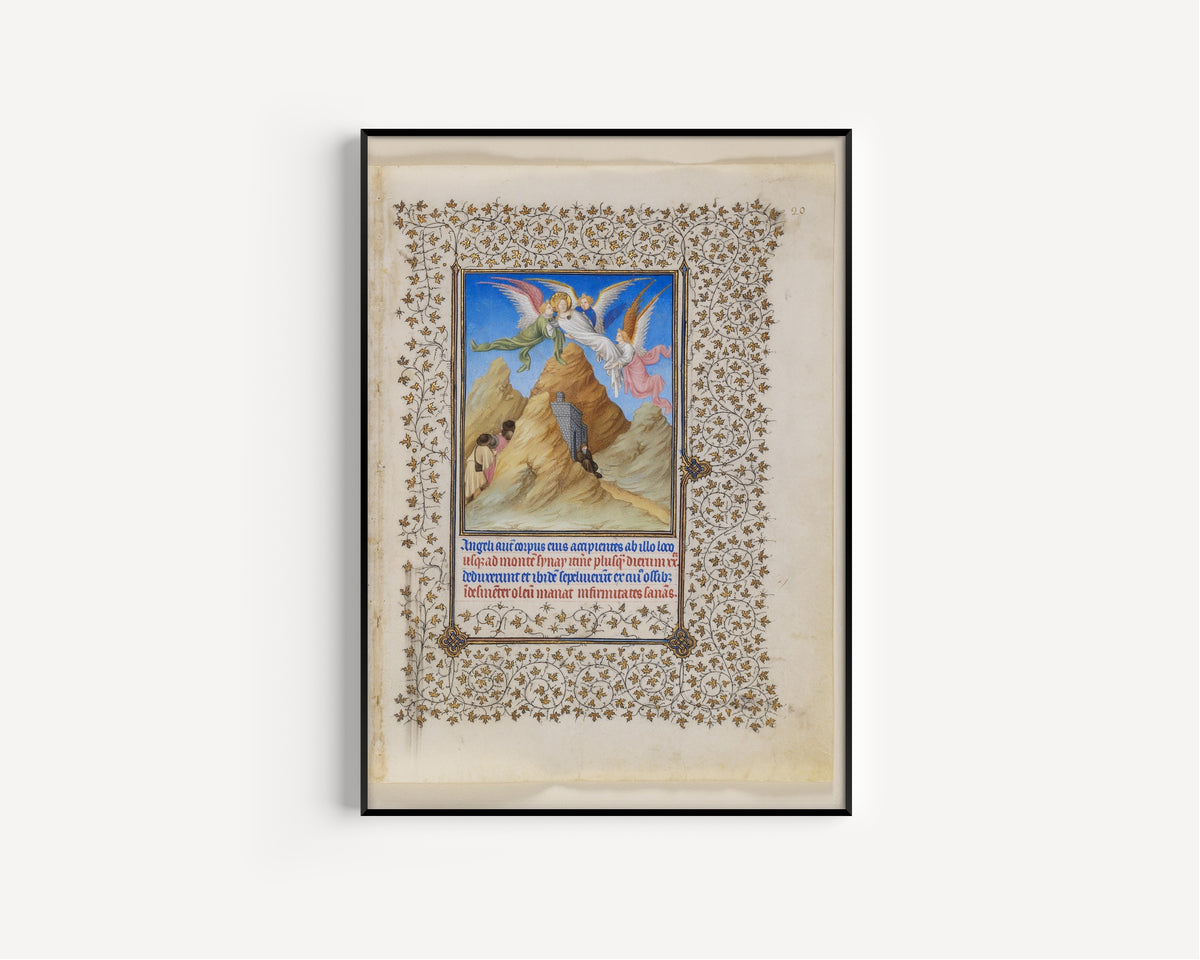 Limbourg Brothers — Belles Heures: Angels Carry Saint Catherine to Mount Sinai | Illuminated Manuscript Print