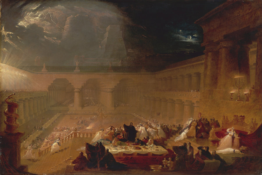 John Martin — Belshazzar's Feast | Art Print shown to scale on a wall above a sofa