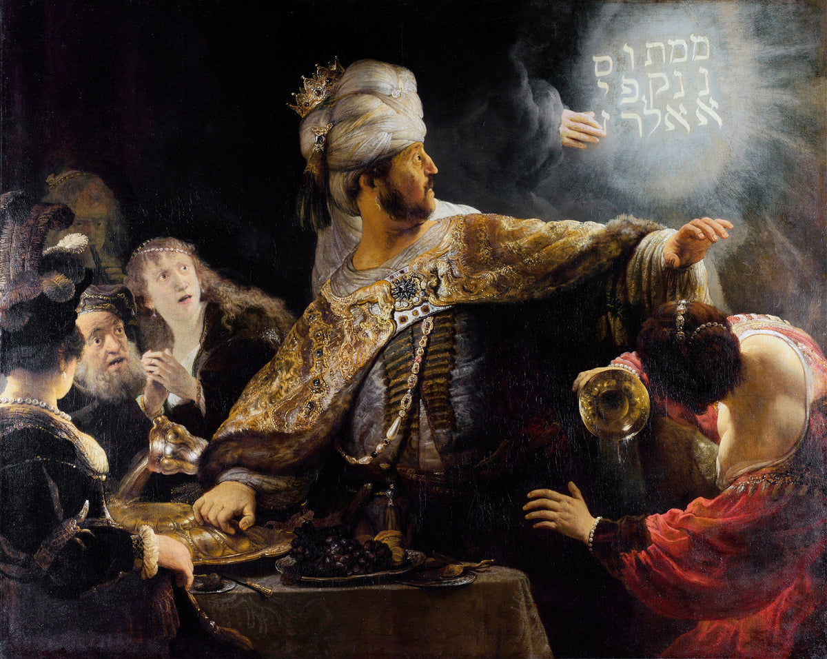 Belshazzar's Feast by Rembrandt van Rijn — A turbaned king turns from his feast to a hand writing on the wall