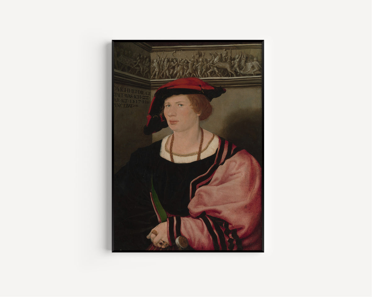 Framed art print of Benedikt von Hertenstein by Hans Holbein the Younger, in a slim black frame on a plain white wall