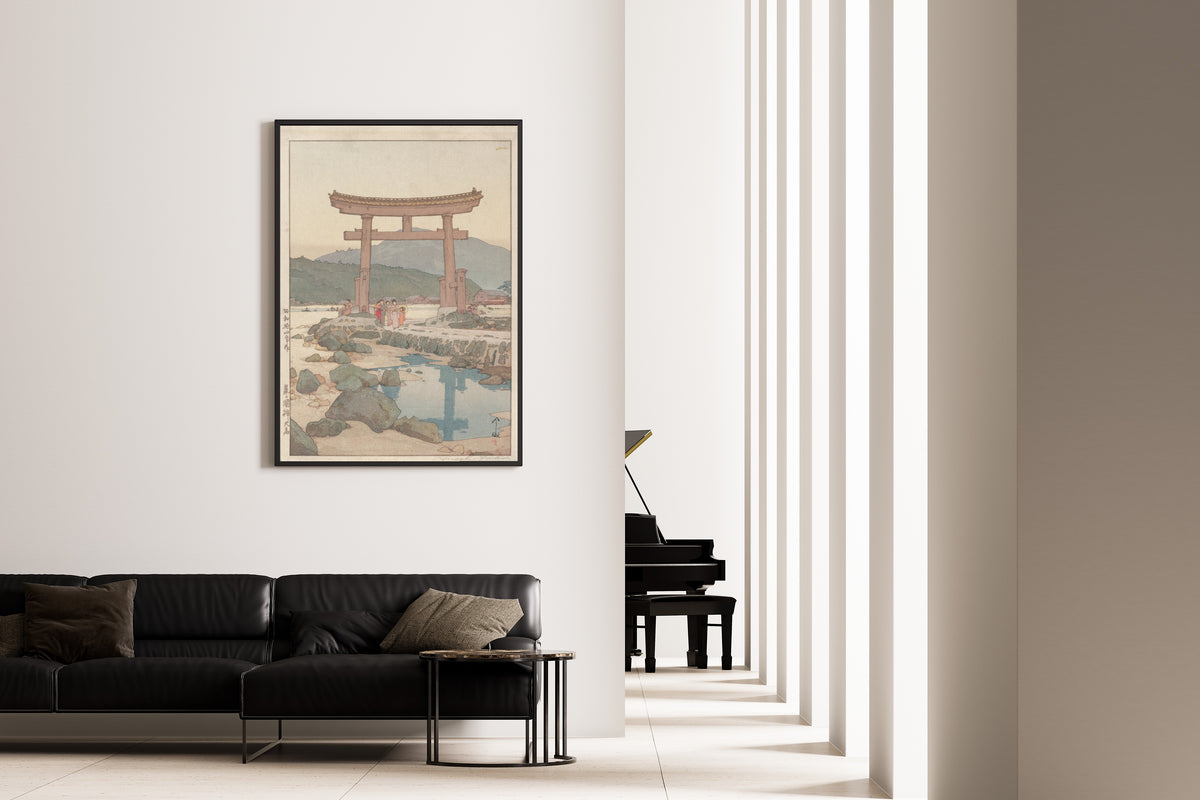 Framed art print of Benten Torii at Nezugaseki by Hiroshi Yoshida, on the wall of a minimal living room