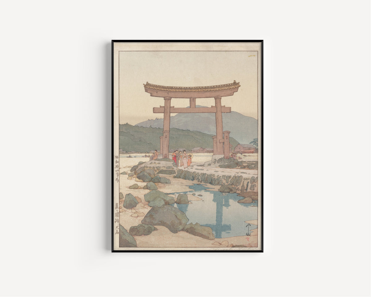 Framed art print of Benten Torii at Nezugaseki by Hiroshi Yoshida, in a slim black frame on a plain white wall