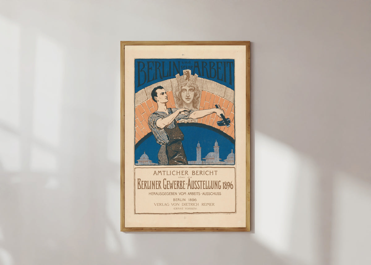 Framed art print of Berlin und seine Arbeit: Amtlicher Bericht über die Berliner… by Otto Eckmann, in a light wood frame on a sunlit white wall