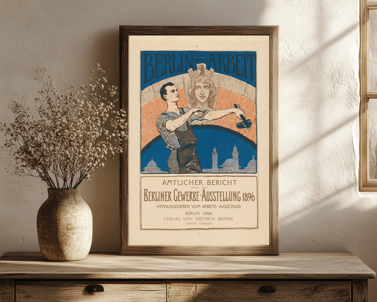Framed art print of Berlin und seine Arbeit: Amtlicher Bericht über die… by Otto Eckmann, in a dark wood frame leaning on a rustic console beside dried flowers