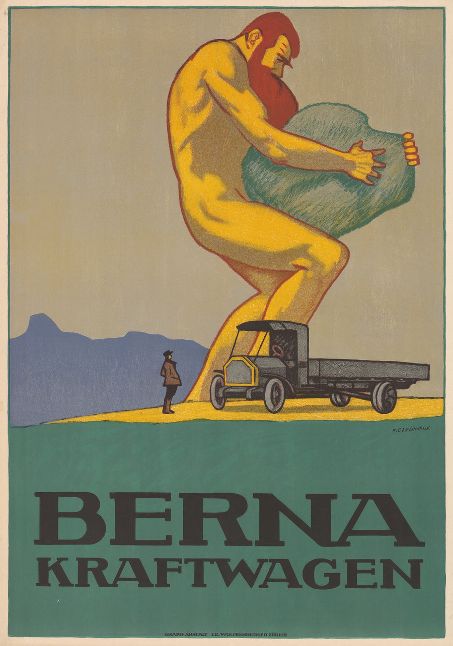 Emil Cardinaux — Berna Kraftwagen | Vintage Poster Print shown to scale on a wall above a sofa