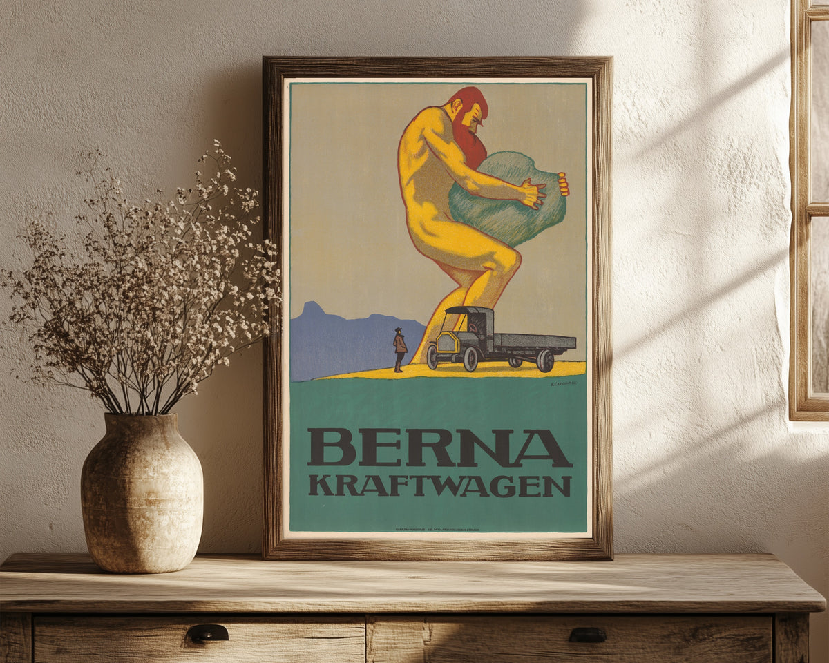 Framed art print of Berna Kraftwagen by Emil Cardinaux, in a dark wood frame leaning on a rustic console beside dried flowers
