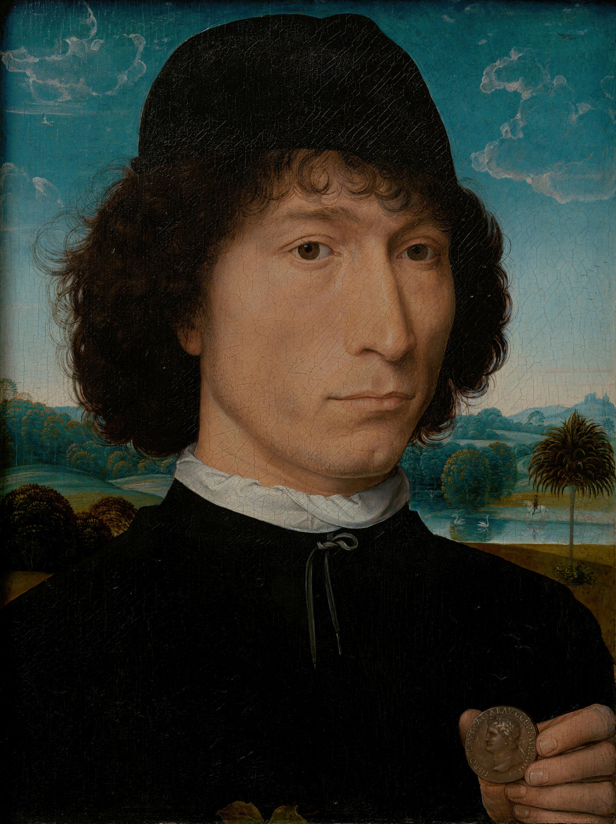 Bernardo Bembo, Statesman and Ambassador of Venice by Hans Memling — A man in black holds up a bronze coin before a green landscape