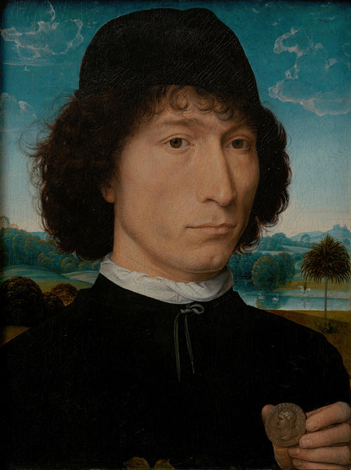 Bernardo Bembo, Statesman and Ambassador of Venice by Hans Memling — A man in black holds up a bronze coin before a green landscape