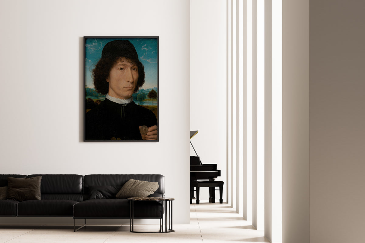Framed art print of Bernardo Bembo, Statesman and Ambassador of Venice by Hans Memling, on the wall of a minimal living room