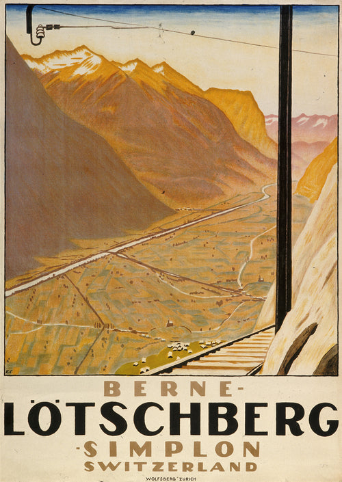 Berne-Lötschberg-Simplon: Switzerland by Emil Cardinaux — A mountain valley seen past a pylon and the track of the railway