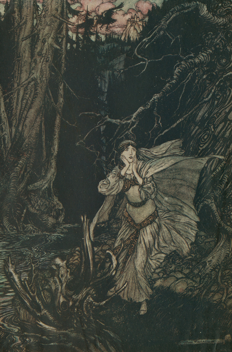 Arthur Rackham — Bertalda in the Black Valley | Fairy Tale Illustration Print shown to scale on a wall above a sofa