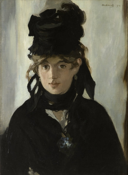 Berthe Morisot with a Bouquet of Violets by Édouard Manet — A young woman in a black hat and ribbons, lit hard from one side