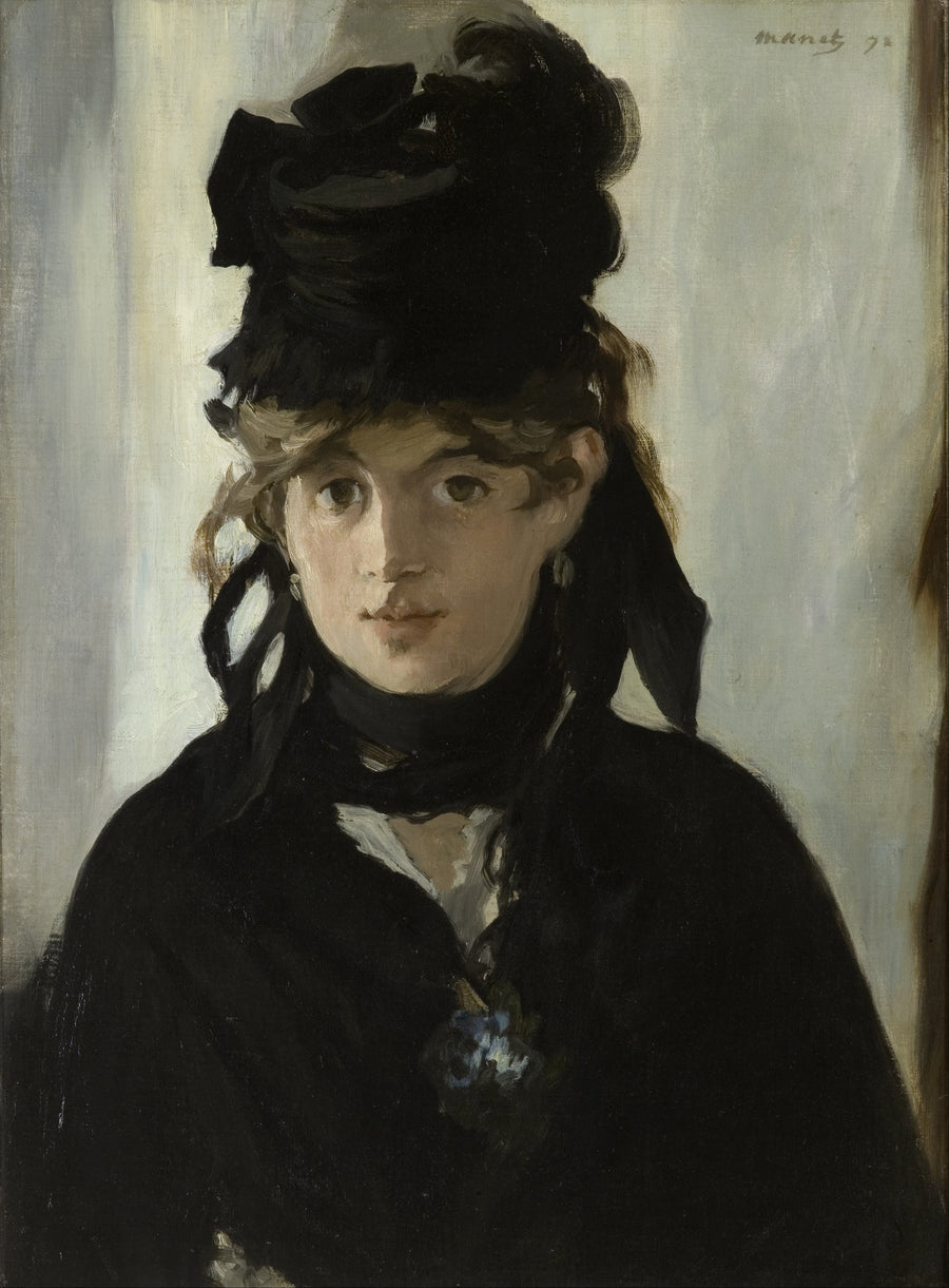 Édouard Manet — Berthe Morisot with a Bouquet of Violets | Fine Art Print shown to scale on a wall above a sofa