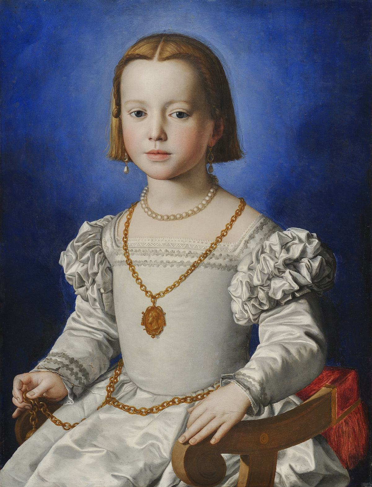 Bia di Cosimo de’ Medici by Bronzino — A girl in white satin sits against deep blue with a gold chain