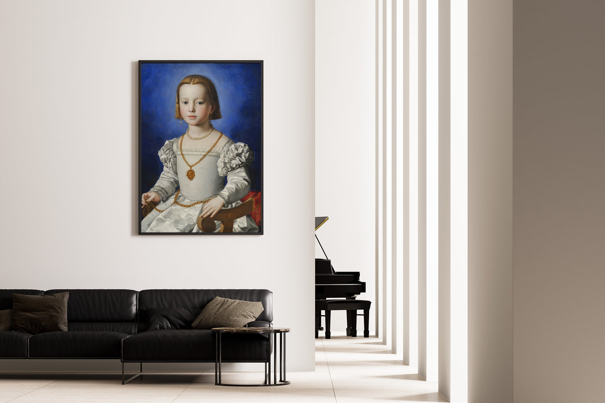 Framed art print of Bia di Cosimo de’ Medici by Bronzino, on the wall of a minimal living room