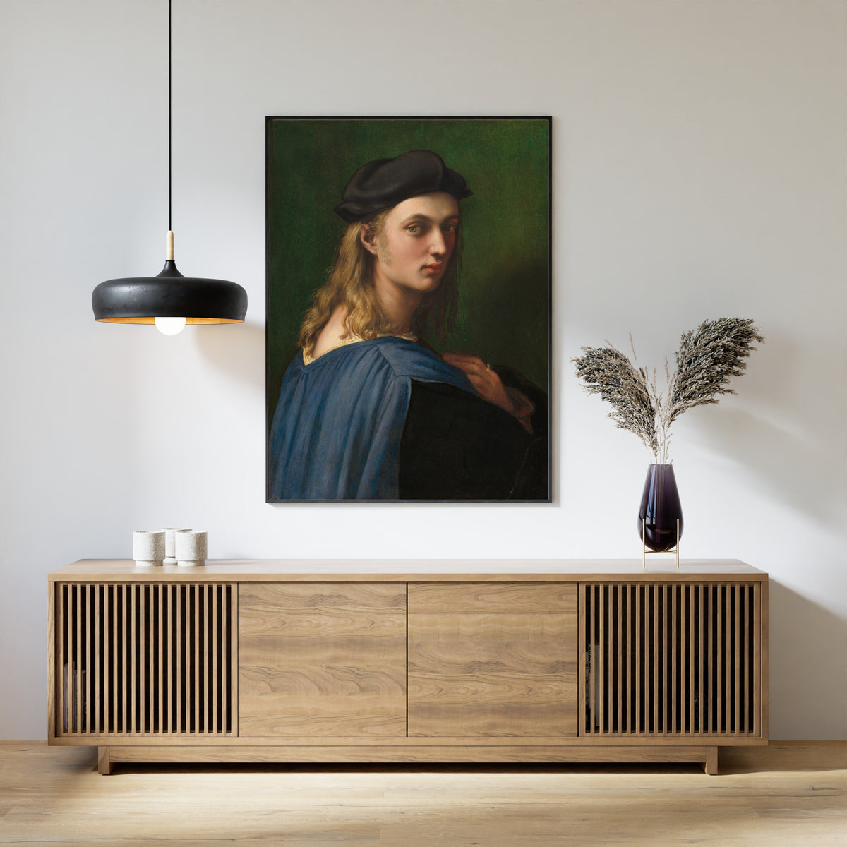 Bindo Altoviti by Raphael — framed above a slatted wood sideboard