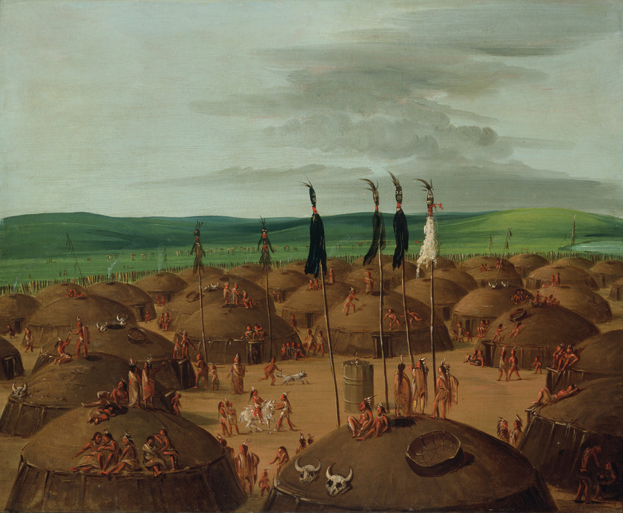 George Catlin — Bird's-eye View of the Mandan Village, 1800 Miles above St. Louis | Western Art Print shown to scale on a wall above a sofa