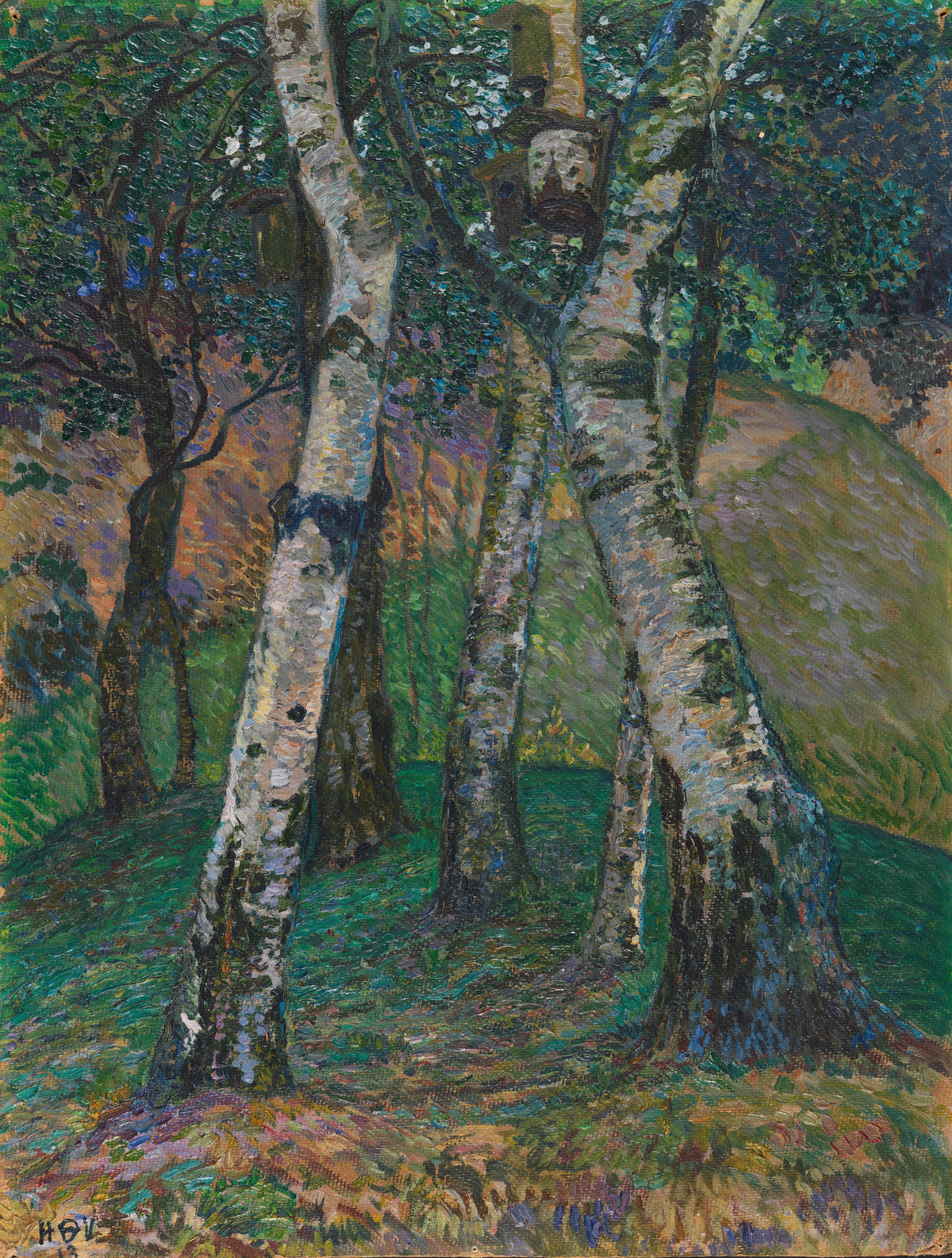 Birken am Barkenhoff by Heinrich Vogeler — Silver birch trunks leaning through a dappled green clearing
