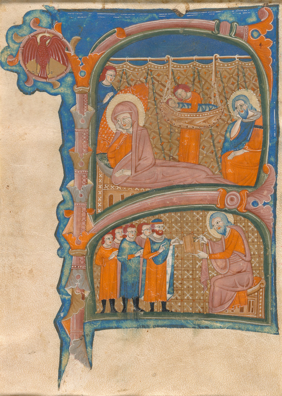 Birth and Naming of John the Baptist | Illuminated Initial Print shown to scale on a wall above a sofa
