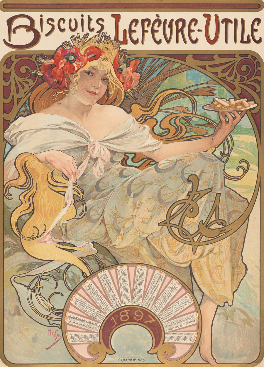 Alphonse Mucha — Biscuits Lefèvre-Utile | Vintage Poster Print shown to scale on a wall above a sofa