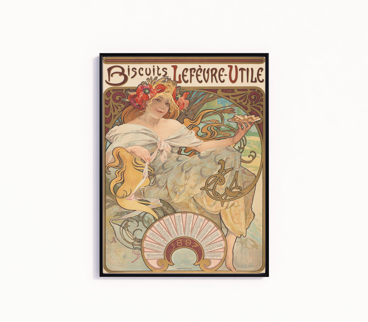 Framed art print of Biscuits Lefèvre-Utile by Alphonse Mucha, in a slim black frame on a plain white wall